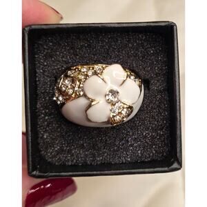 White Enamel Flower & Crystal Gold-Tone Ring Size 9